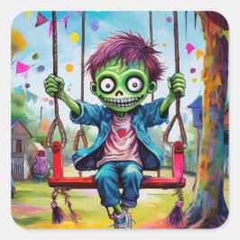 Adesivo Quadrado Smiling Zombie Kid on Swing with Party Flags