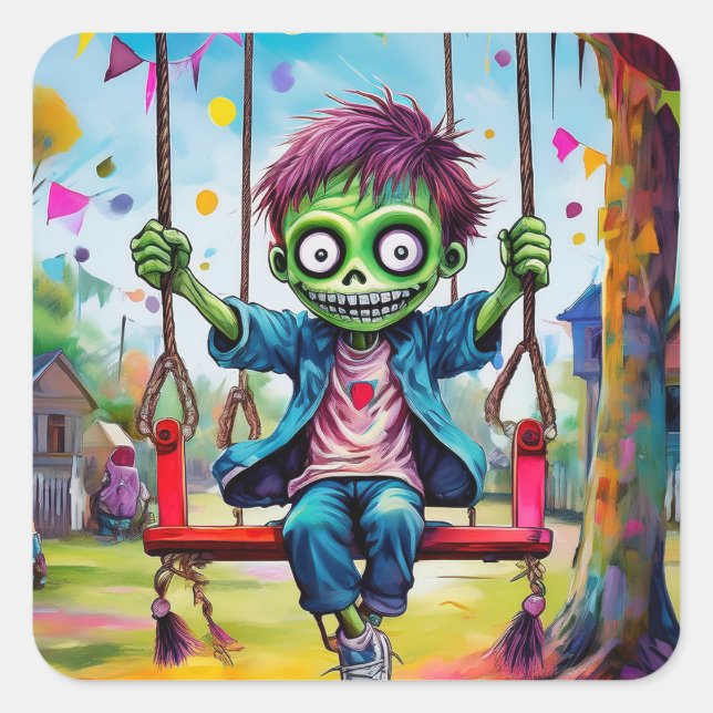 Adesivo Quadrado Smiling Zombie Kid on Swing with Party Flags (Frente)