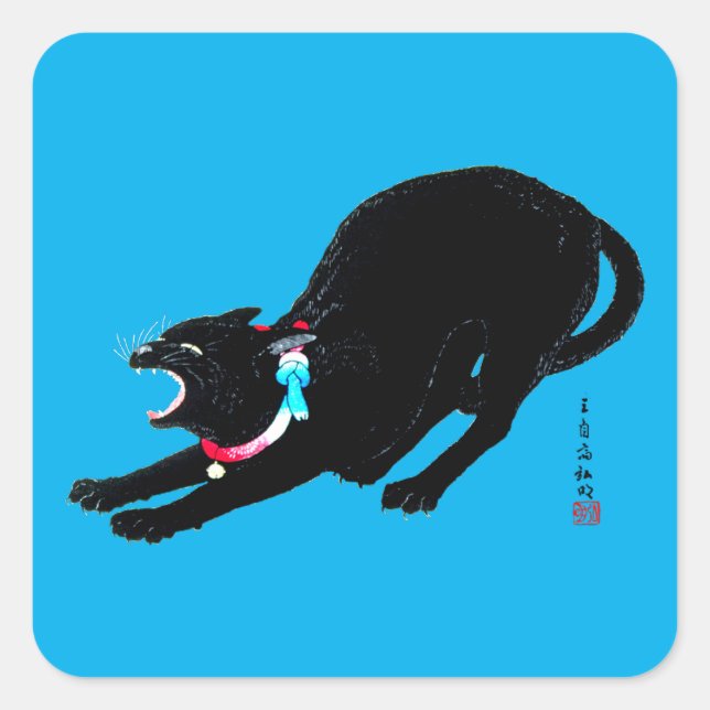 Adesivo Quadrado Snarling Hissing Black Japan Cat (Frente)