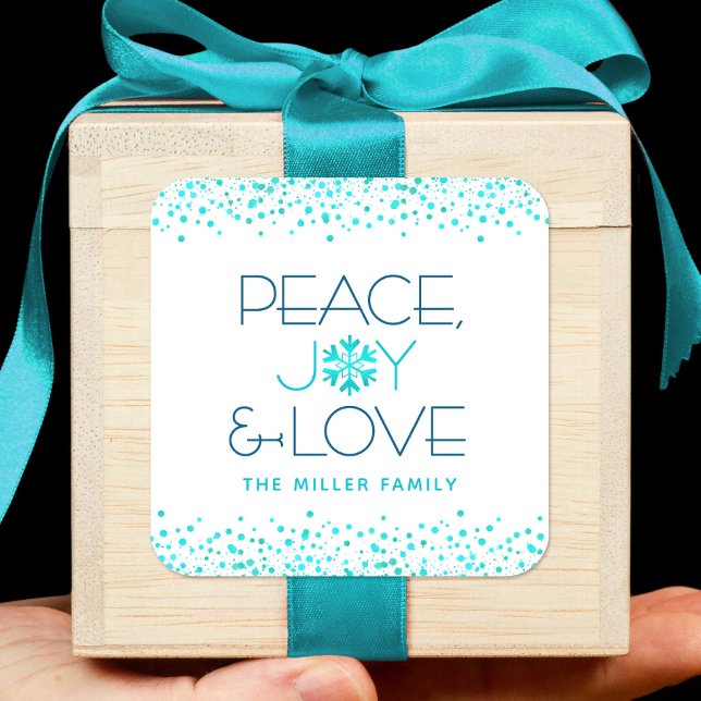 Adesivo Quadrado Snowflake Peace Joy Love Modern Typografia Holiday (Criador carregado)