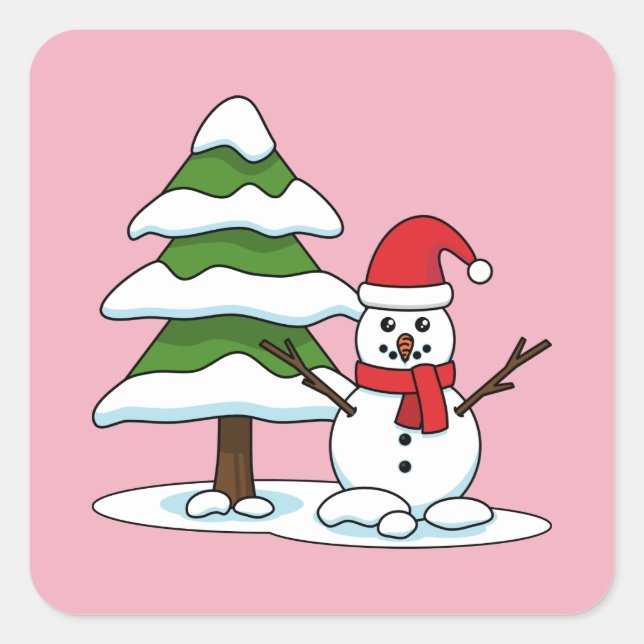 Adesivo Quadrado Snowman com Snowy Pine Tree (Frente)