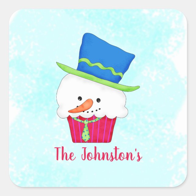 Adesivo Quadrado Snowman Cupcake Name Personalized Dessert Party (Frente)