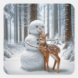 Adesivo Quadrado Snowman Hugging a Fawn