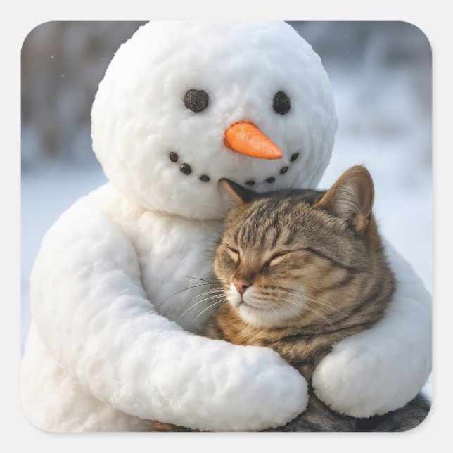 Adesivo Quadrado Snowman Hugging a Tabby Cat (Frente)