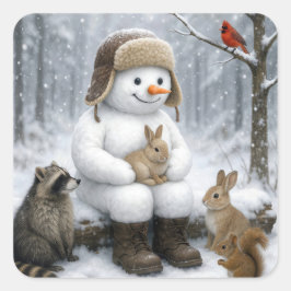Adesivo Quadrado Snowman In Winter Woods With Animal Friends