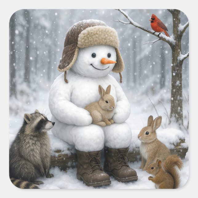 Adesivo Quadrado Snowman In Winter Woods With Animal Friends (Frente)