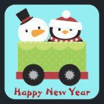 Adesivo Quadrado Snowman Penguin Train Car Christmas<br><div class="desc">Um boneco de neve vestindo um chapéu de cima e um pinguim em um boné de estoque e um cachecol num vagão de trem neste bonitinho adesivo de Natal. As cores predominantes na imagem são vermelho e branco, verde limão e preto. Na parte inferior está seu texto personalizado em vermelho....</div>