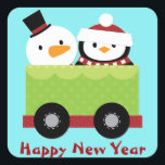 Adesivo Quadrado Snowman Penguin Train Car Christmas<br><div class="desc">Um boneco de neve vestindo um chapéu de cima e um pinguim em um boné de estoque e um cachecol num vagão de trem neste bonitinho adesivo de Natal. As cores predominantes na imagem são vermelho e branco, verde limão e preto. Na parte inferior está seu texto personalizado em vermelho....</div>