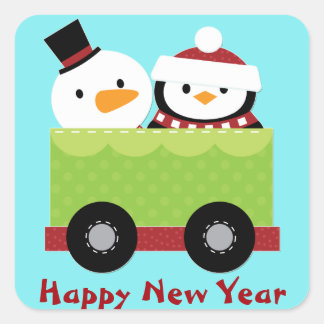Adesivo Quadrado Snowman Penguin Train Car Christmas