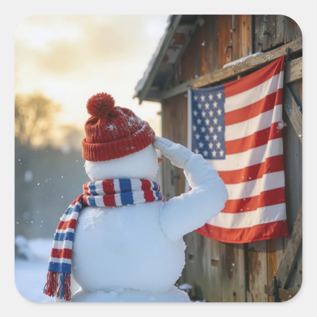 Adesivo Quadrado Snowman Saluting an American Flag (Frente)