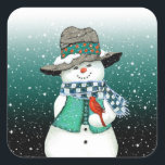 Adesivo Quadrado Snowman sorridente, Cardeal num palheiro de neve<br><div class="desc">O boneco de neve resmungou no cardeal enquanto a neve caiu suavemente.</div>