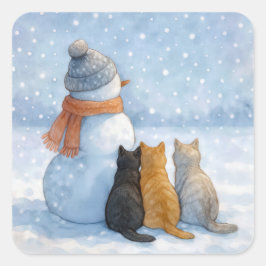 Adesivo Quadrado Snowman With Three Cats In a Snowy Field