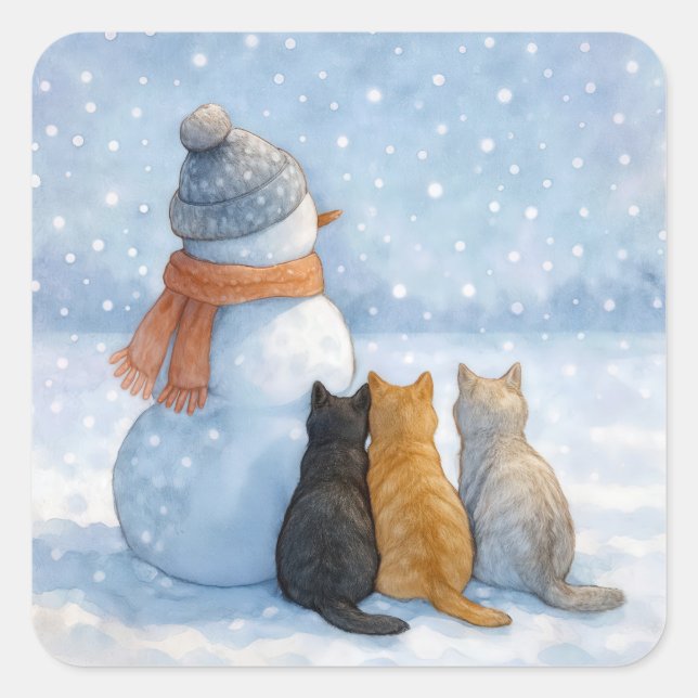 Adesivo Quadrado Snowman With Three Cats In a Snowy Field (Frente)