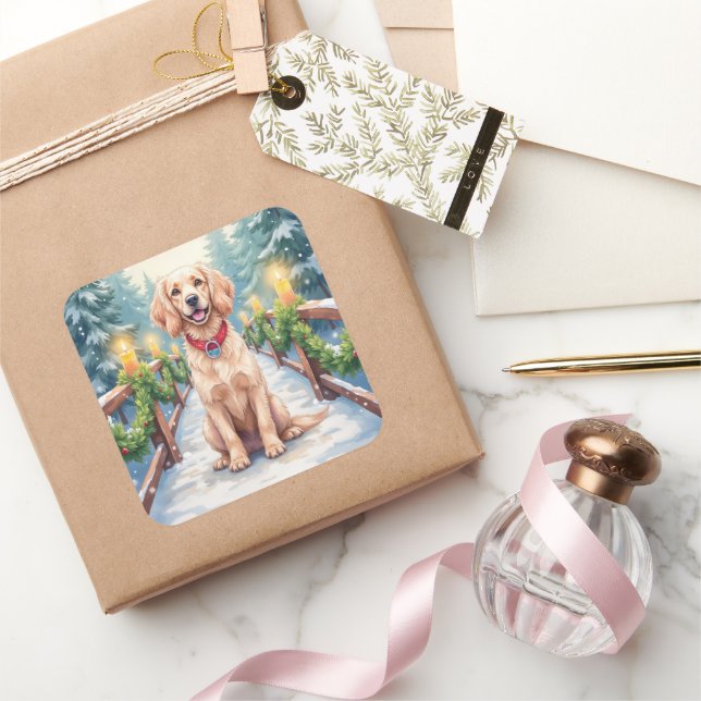 Adesivo Quadrado Snowy Bridge Boykin Spaniel Christmas Art (Presentear)