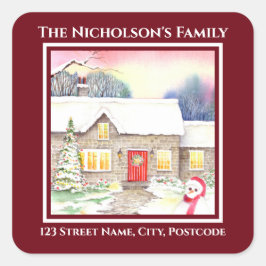 Adesivo Quadrado Snowy Cottage Watercolor Painting Quadrado Red Fra