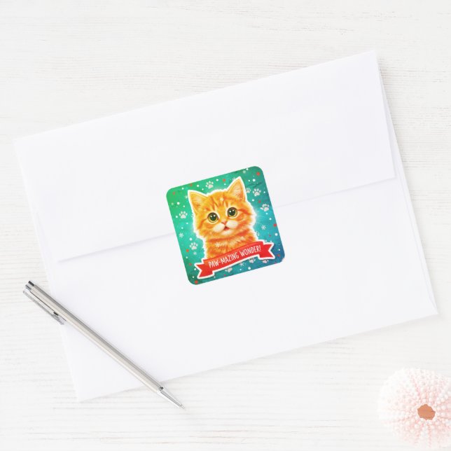 Adesivo Quadrado Snowy Surprise Cat Sticker – Cute Winter Kitten (Envelope)