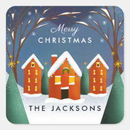 Adesivo Quadrado Snowy Village Winter Scense Christmas