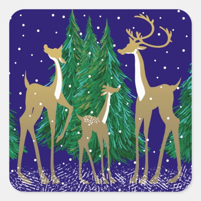 Adesivo Quadrado Snowy Winter Deer in Woded Forest | Azul | (Frente)