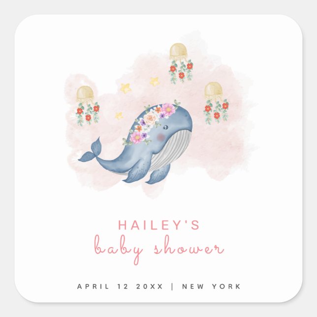 Adesivo Quadrado Sob O Chá de fraldas Floral De Baleia Doce (Frente)