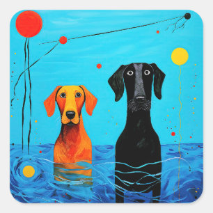 Adesivo Quadrado Sob o Horizonte Azul - Cães Coloridos Surrealistas
