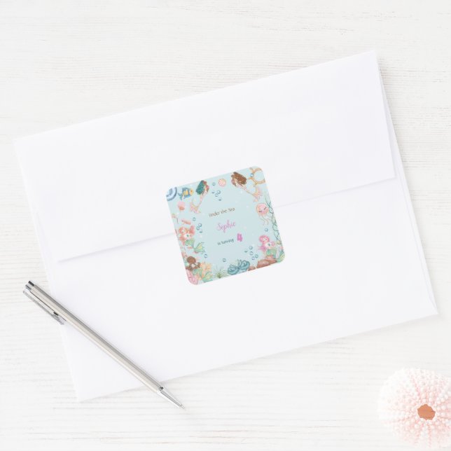 Adesivo Quadrado Sob o mar aniversário de criança de Sereias (Envelope)