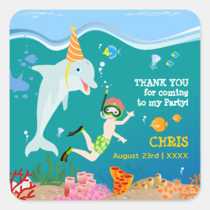 Adesivo Quadrado Sob o mar golfinhos e festas de aniversário de gar