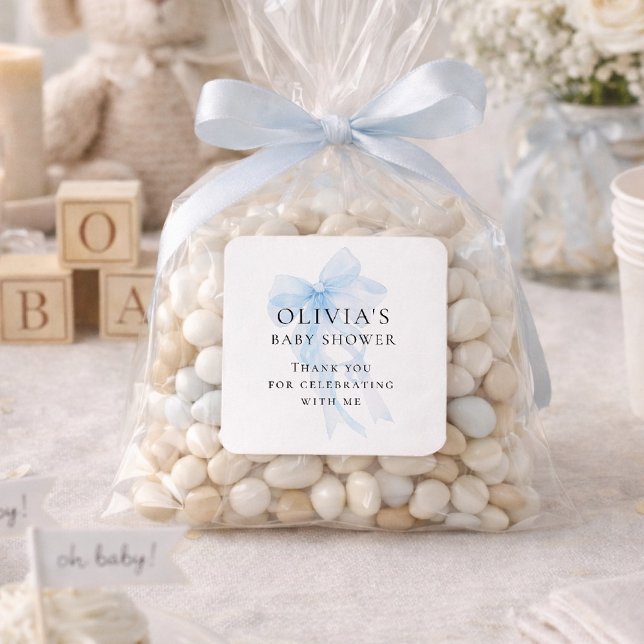 Adesivo Quadrado Soft Blue Bow Text Thank You Baby Shower (Criador carregado)