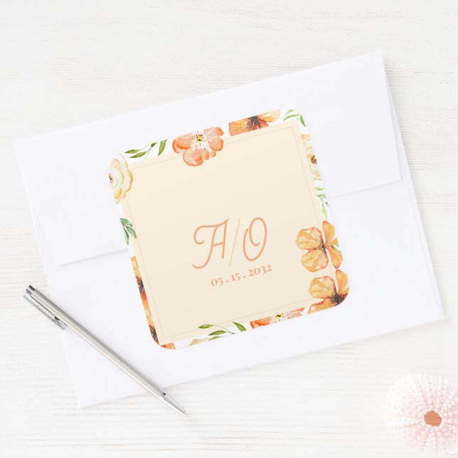 Adesivo Quadrado Soft Peach Garden Floral Monogram Wedding (Envelope)