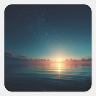 Adesivo Quadrado Sol Nascente Sobre Oceano Calmo Sob Noite Estrelad