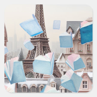 Adesivo Quadrado Sonho da Torre Eiffel com Livros Flutuantes