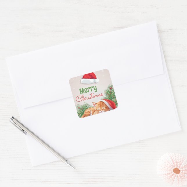 Adesivo Quadrado Sonhos de Natal - Gatinho Dormindo em Santa Hat (Envelope)