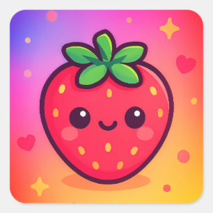 Adesivo Quadrado Sorrindo Kawaii Strawberry no moinho de gradiente