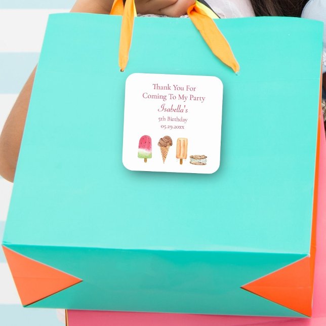 Adesivo Quadrado Sorvete de Aquarela e Obrigados de Aniversário (A colorful thank you sticker for your gift bag! )