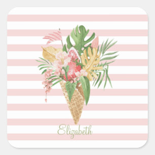 Adesivo Quadrado Sorvete,Folhas Tropicais Frutas,Listras Rosa