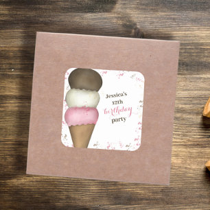 Adesivo Quadrado Sorvete Personalizado de Festa de Aniversário