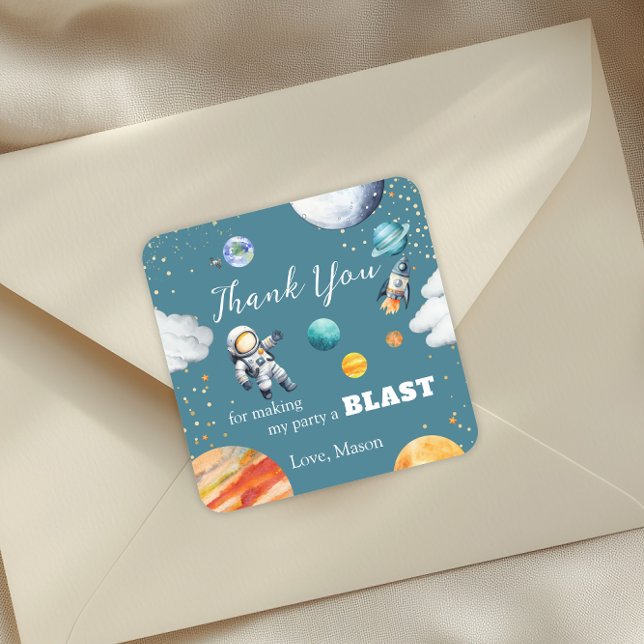 Adesivo Quadrado Space Astronaut Blast Thank You Party Sticker (Criador carregado)