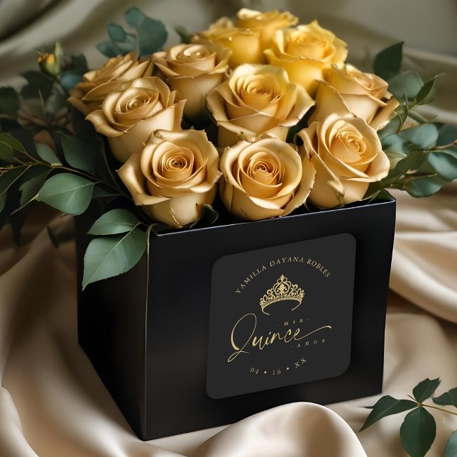 Adesivo Quadrado Spanish Black Trendy Quinceañera Princess Tiara (Spanish Black Trendy Quinceañera Faux Golden Princess Crown Tiara Square Stickers.)