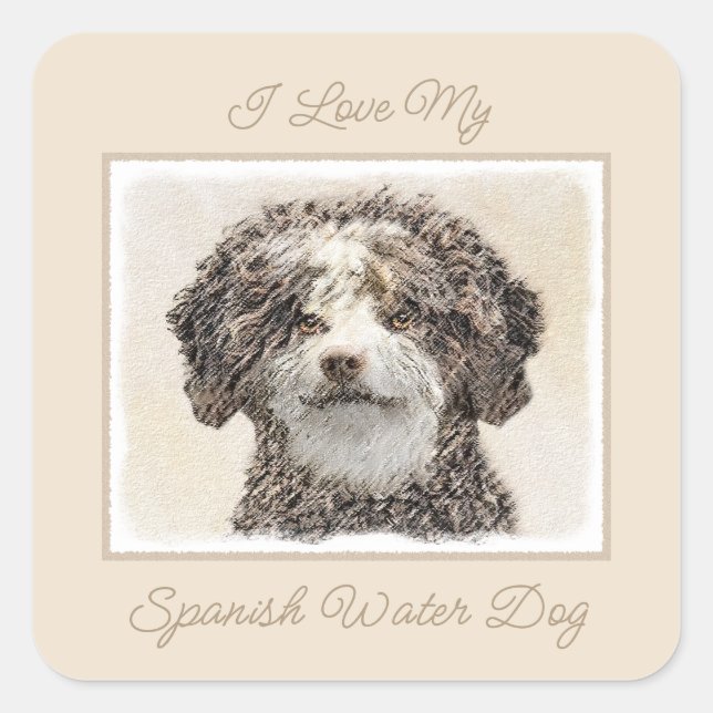 Adesivo Quadrado Spanish Water Dog Painting - Cute Original Dog Art (Frente)