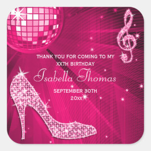 Adesivo Quadrado Sparkle Heels Pink Disco Ball Aniversário Obrigado