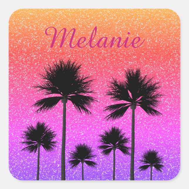 Adesivo Quadrado Sparkly Palm Trees Gradient Sunset Personalised (Frente)
