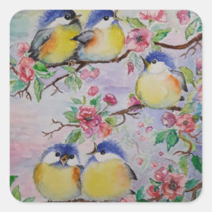 Adesivo Quadrado Sparrows Sticker Birds and Flowers - Primavera