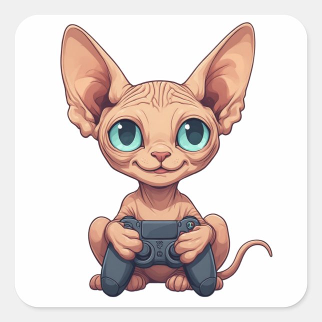 Adesivo Quadrado Sphynx Cat Holding Game Controller (Frente)
