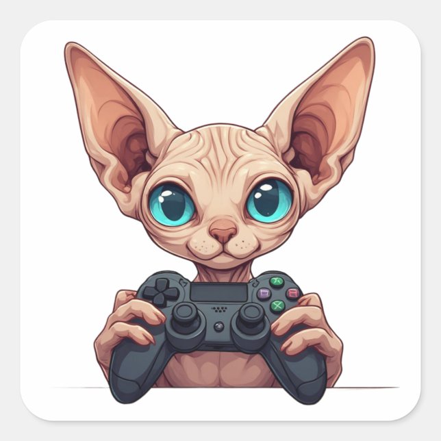 Adesivo Quadrado Sphynx Cat Holding Game Controller (Frente)
