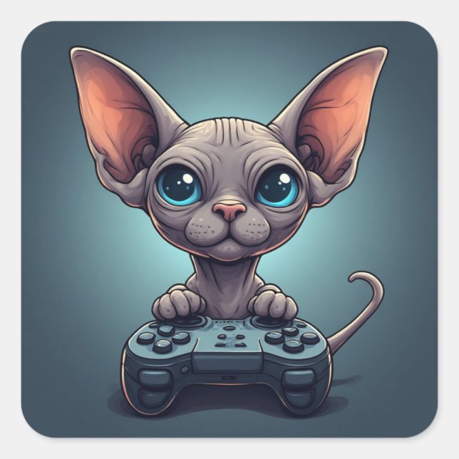 Adesivo Quadrado Sphynx Cat Holding Game Controller (Frente)