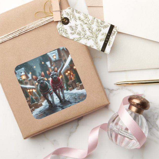 Adesivo Quadrado Sphynx Cats Christmas Snow Holiday (Presentear)