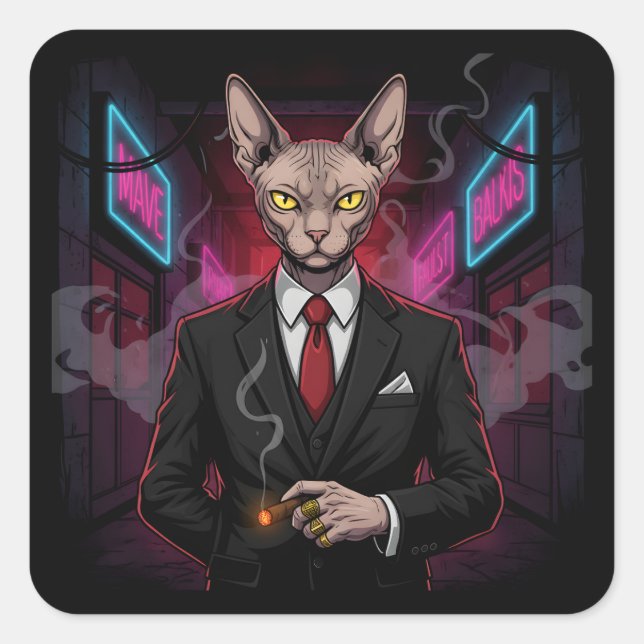 Adesivo Quadrado Sphynx Mafia Cat in Neon Noir Style (Frente)