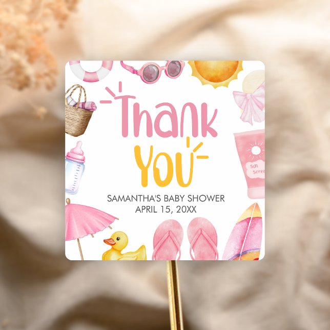 Adesivo Quadrado Splish Splash Summer Baby Shower (Pink Splish Splash Baby Shower Sticker)