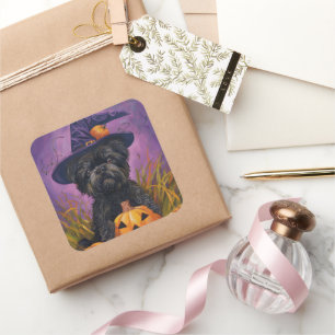 Adesivo Quadrado Spooky Affenpinscher Halloween Witch e Pumpkin