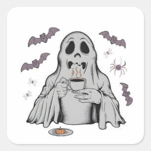 Adesivo Quadrado Spooky Ghost Bebendo Cafeine Halloween