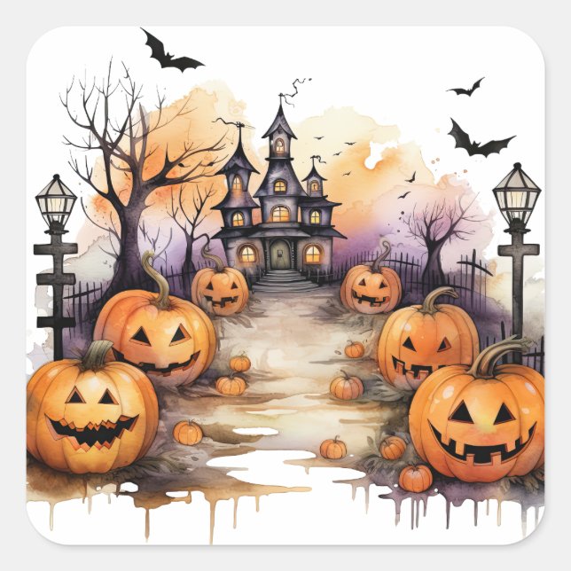 Adesivo Quadrado Spooky Haunted House Pumpkins Halloween (Frente)